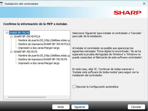 Confirmación de información de la MFP