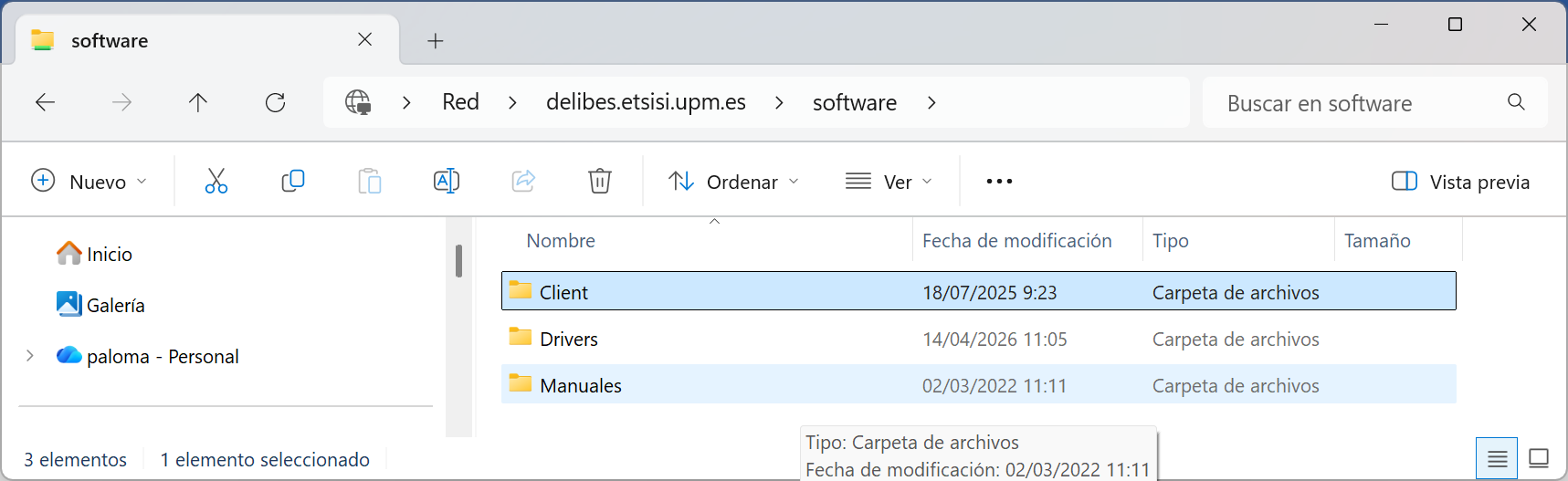 Carpeta software con subcarpetas Client, Drivers y Manuales