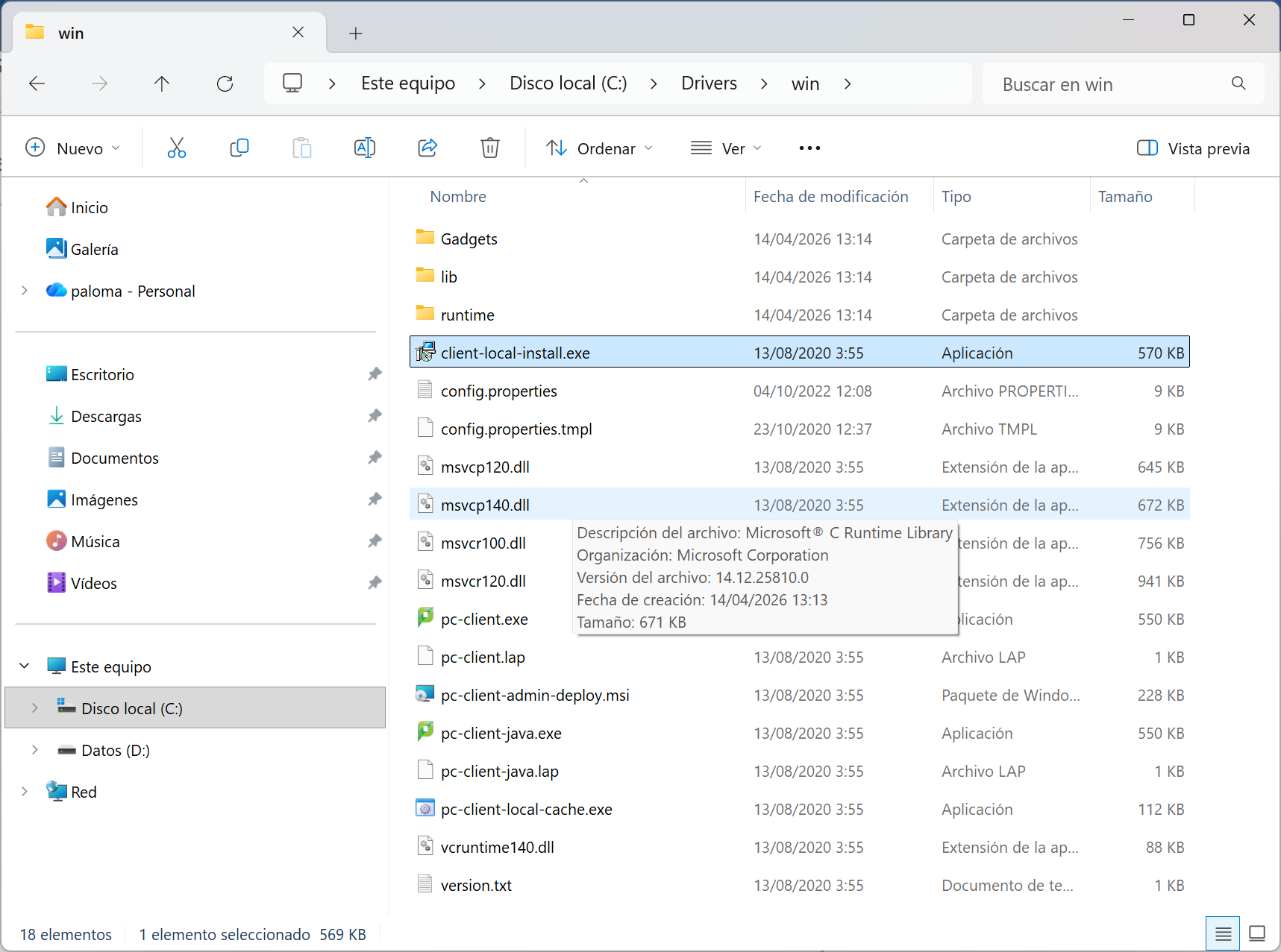 Contenido de la carpeta win con client-local-install.exe