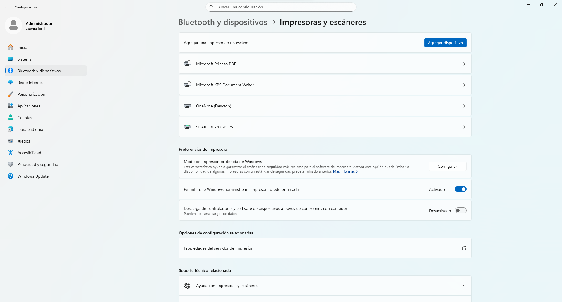 Impresoras y escáneres de Windows 11 con la Sharp instalada